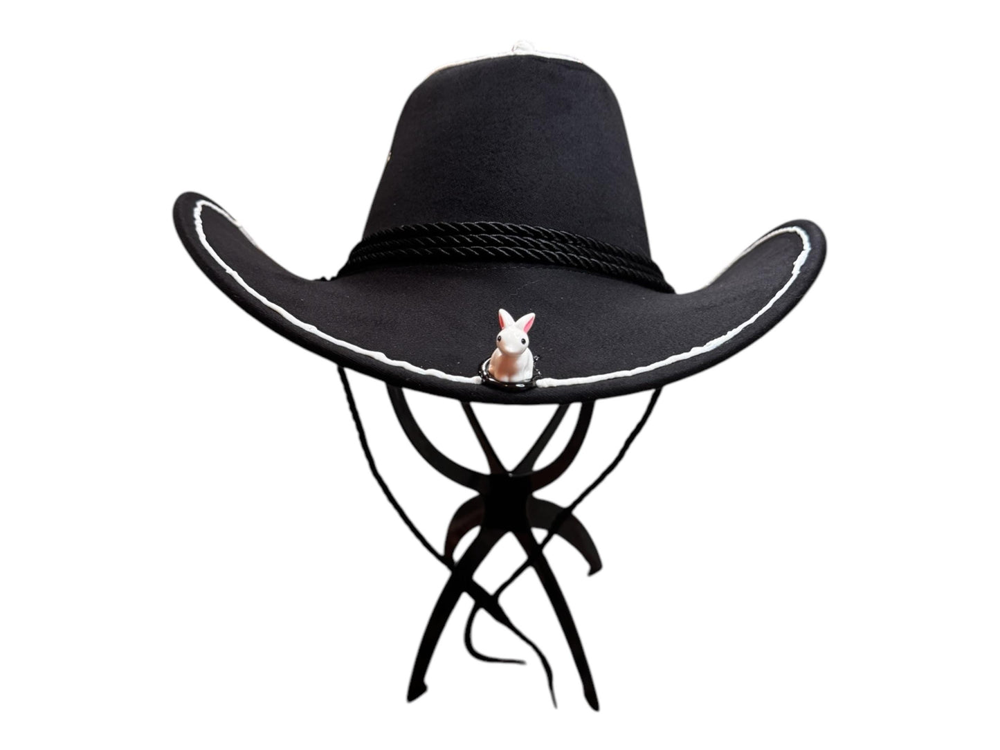 Follow the White Rabbit Festival Hat – Psychedelic Western Black Cowboy Fedora with Mini Bunnies for Burning Man & Big Stick Vibes