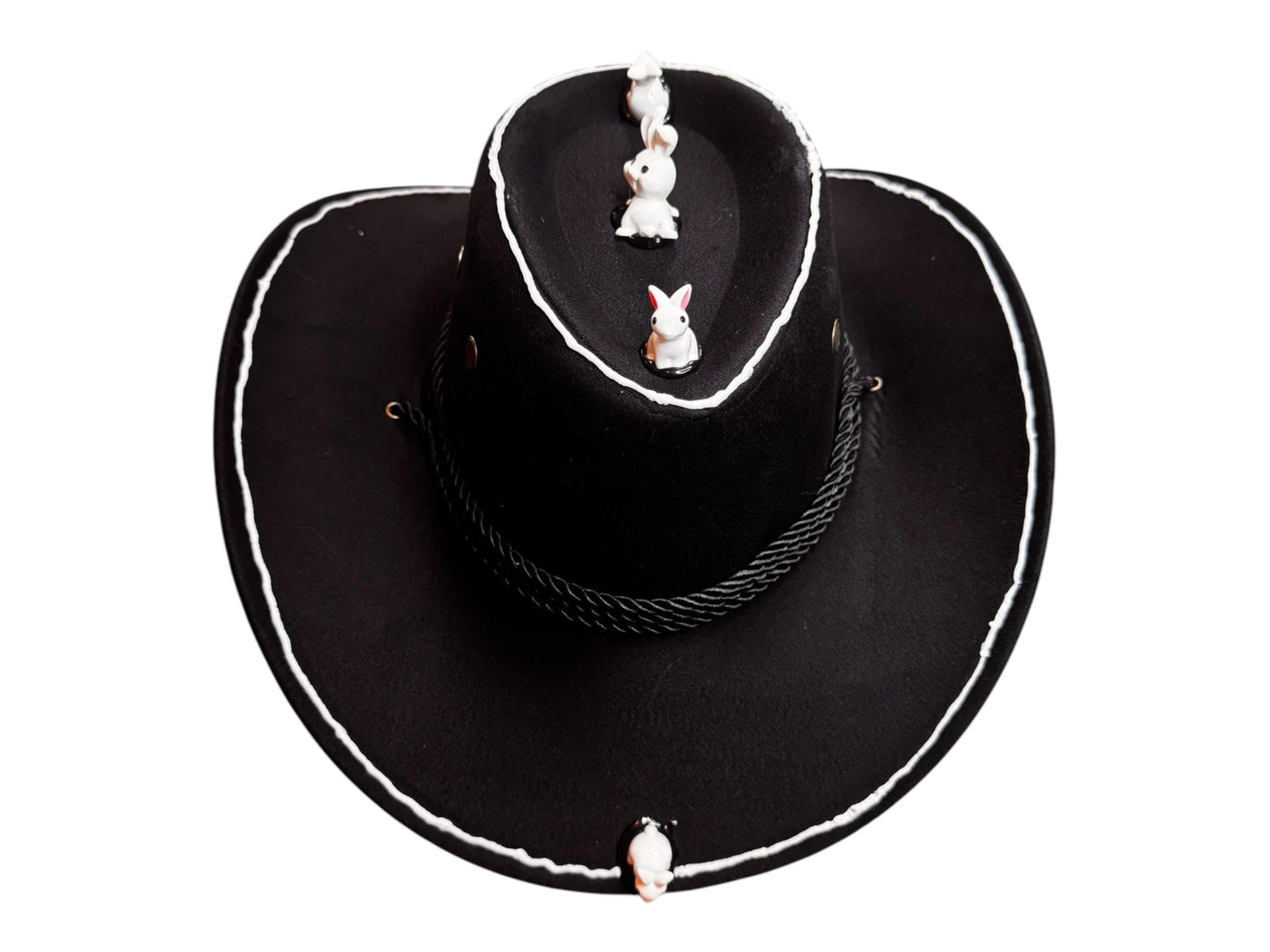 Follow the White Rabbit Festival Hat – Psychedelic Western Black Cowboy Fedora with Mini Bunnies for Burning Man & Big Stick Vibes