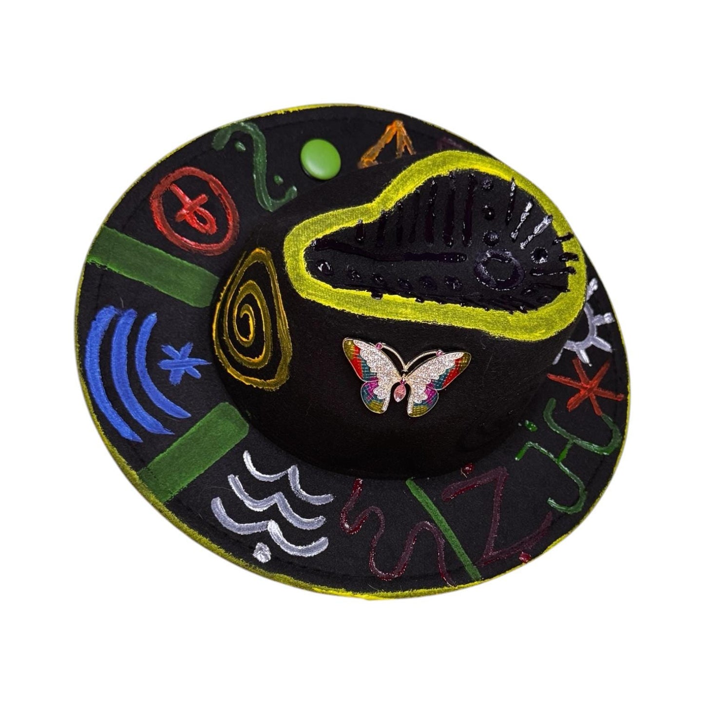 Black Symbolic Butterfly Fedora – Hand-Painted Festival Hat with Glow Detail & Spiritual Symbols – Unique Psy Wear for Burning Man