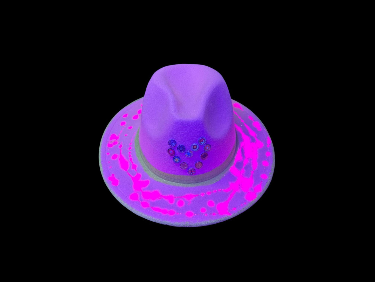 Glow-in-the-Dark Neon Handmade Heart Fedora, Festival Rave Hat, Neon Hat, UV Reactive Hat, Unique Fedora Valentine's Day, Valentine Gift