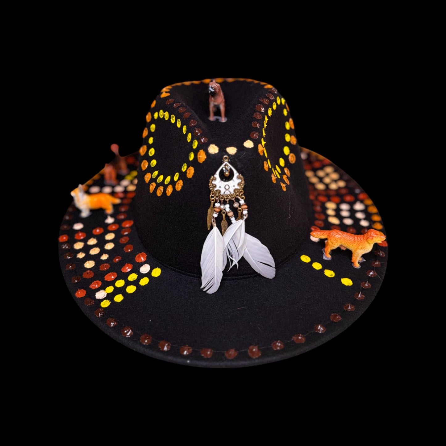 Boho Festival Hat with Dog Totems, Painted Mandala Dots & Feathers | Spirit Animal Hat for Burning Man, Coachella, Raves