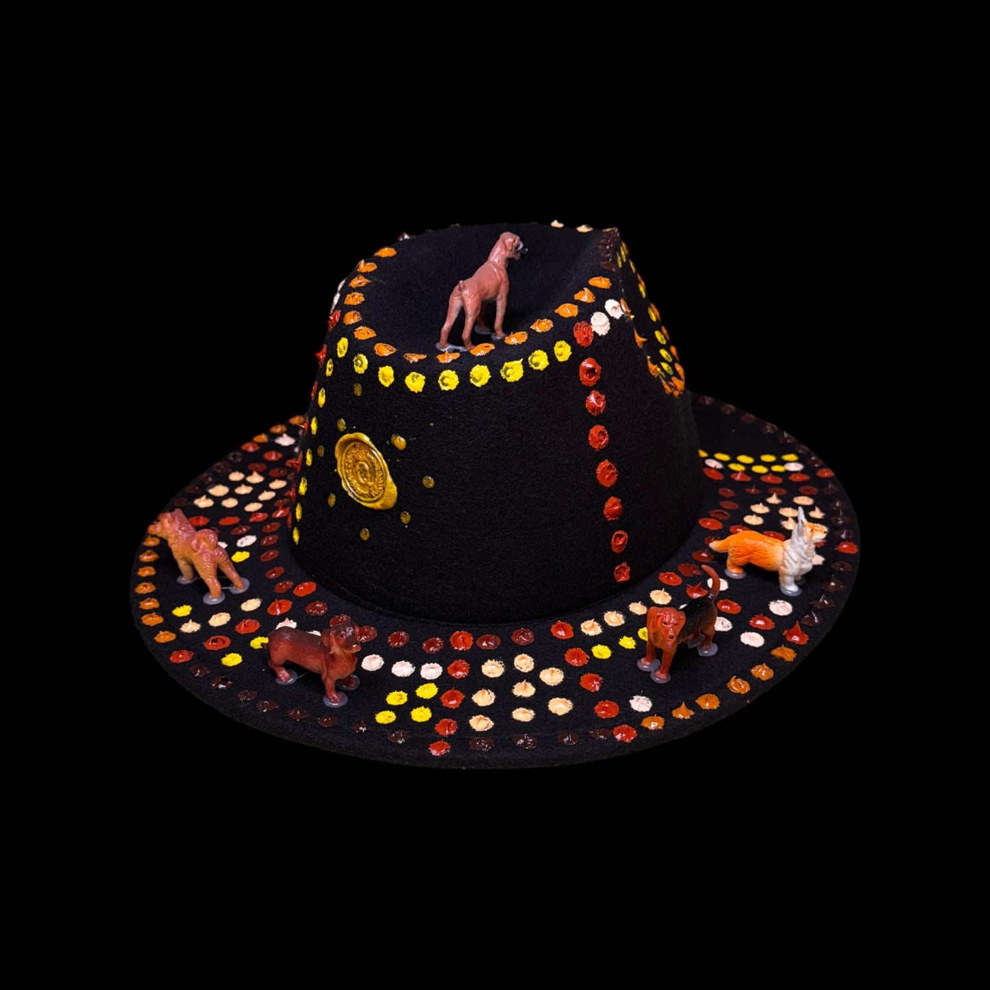 Boho Festival Hat with Dog Totems, Painted Mandala Dots & Feathers | Spirit Animal Hat for Burning Man, Coachella, Raves