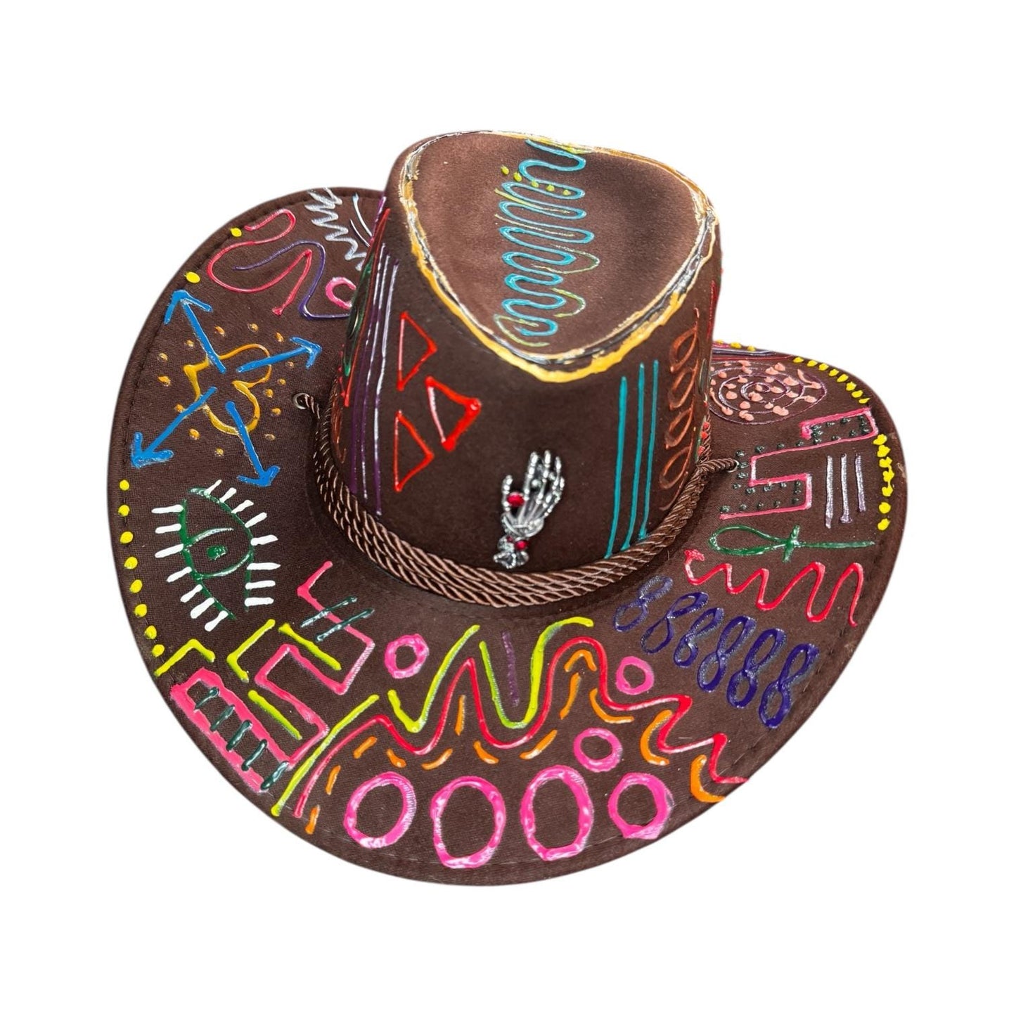 PSYCHOWBOY Brown psychedelic rave hat with neon hand-painted tribal symbols, wearable art, unique Burning Man festival fashion by Qreine