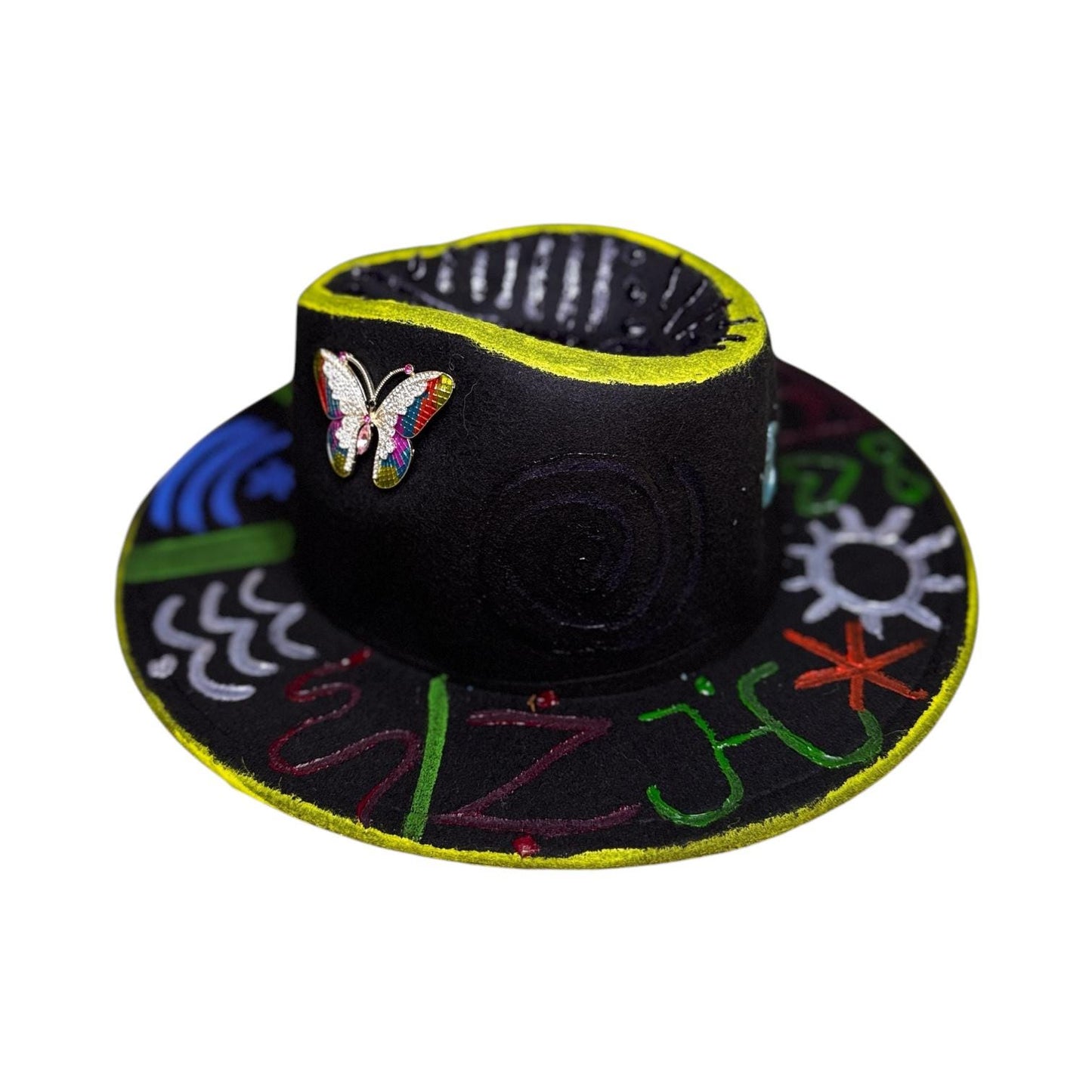 Black Symbolic Butterfly Fedora – Hand-Painted Festival Hat with Glow Detail & Spiritual Symbols – Unique Psy Wear for Burning Man