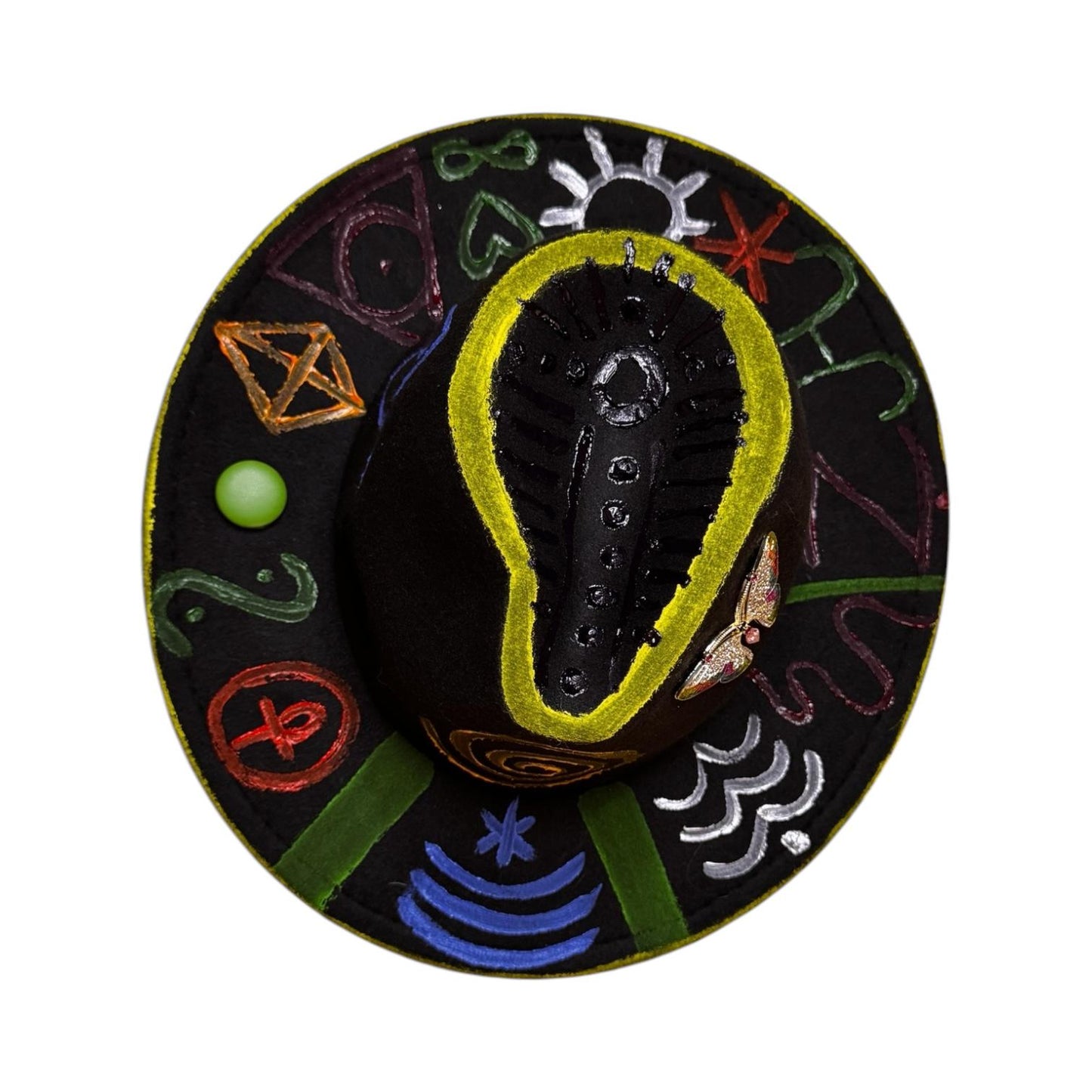 Black Symbolic Butterfly Fedora – Hand-Painted Festival Hat with Glow Detail & Spiritual Symbols – Unique Psy Wear for Burning Man