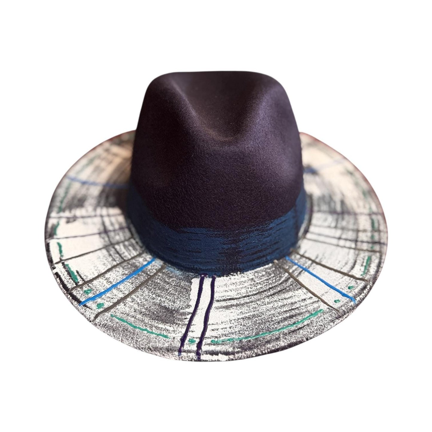 OCEAN CIRCUIT hand-painted dark blue men’s hat with white textured brim, linear brushstrokes, and abstract color artistic geometric style 57
