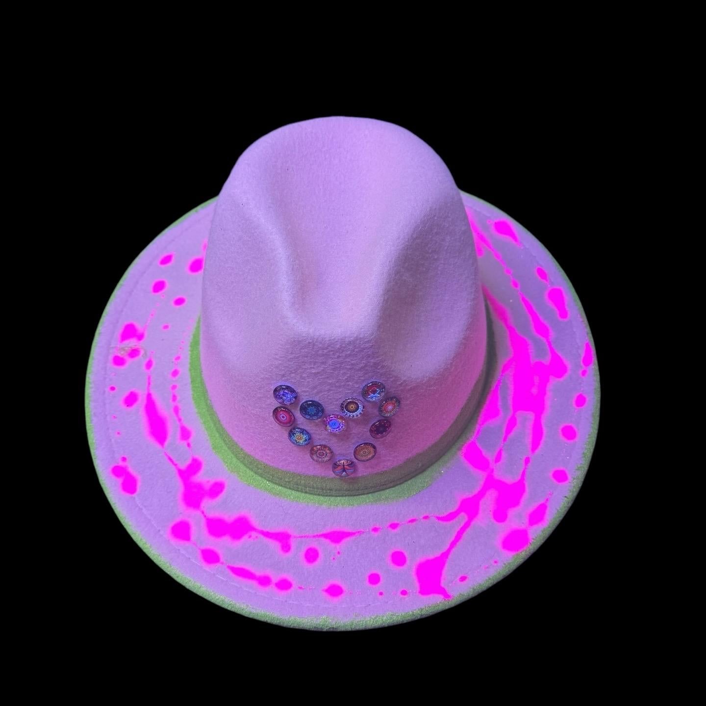 Glow-in-the-Dark Neon Handmade Heart Fedora, Festival Rave Hat, Neon Hat, UV Reactive Hat, Unique Fedora Valentine's Day, Valentine Gift