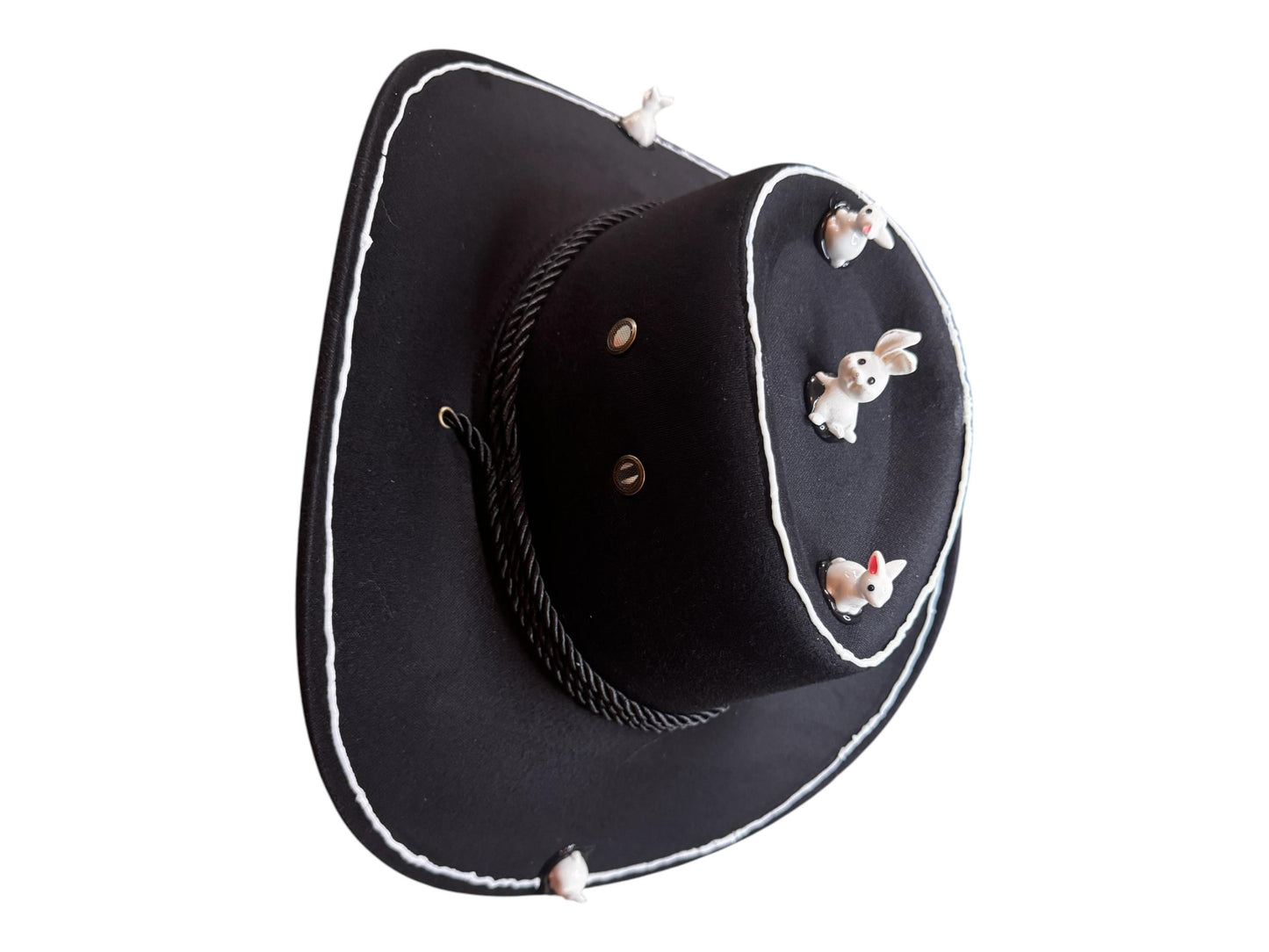 Follow the White Rabbit Festival Hat – Psychedelic Western Black Cowboy Fedora with Mini Bunnies for Burning Man & Big Stick Vibes