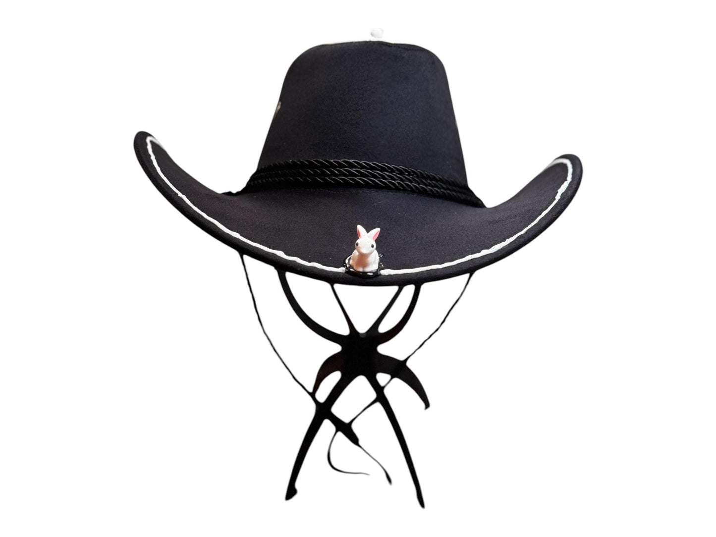Follow the White Rabbit Festival Hat – Psychedelic Western Black Cowboy Fedora with Mini Bunnies for Burning Man & Big Stick Vibes