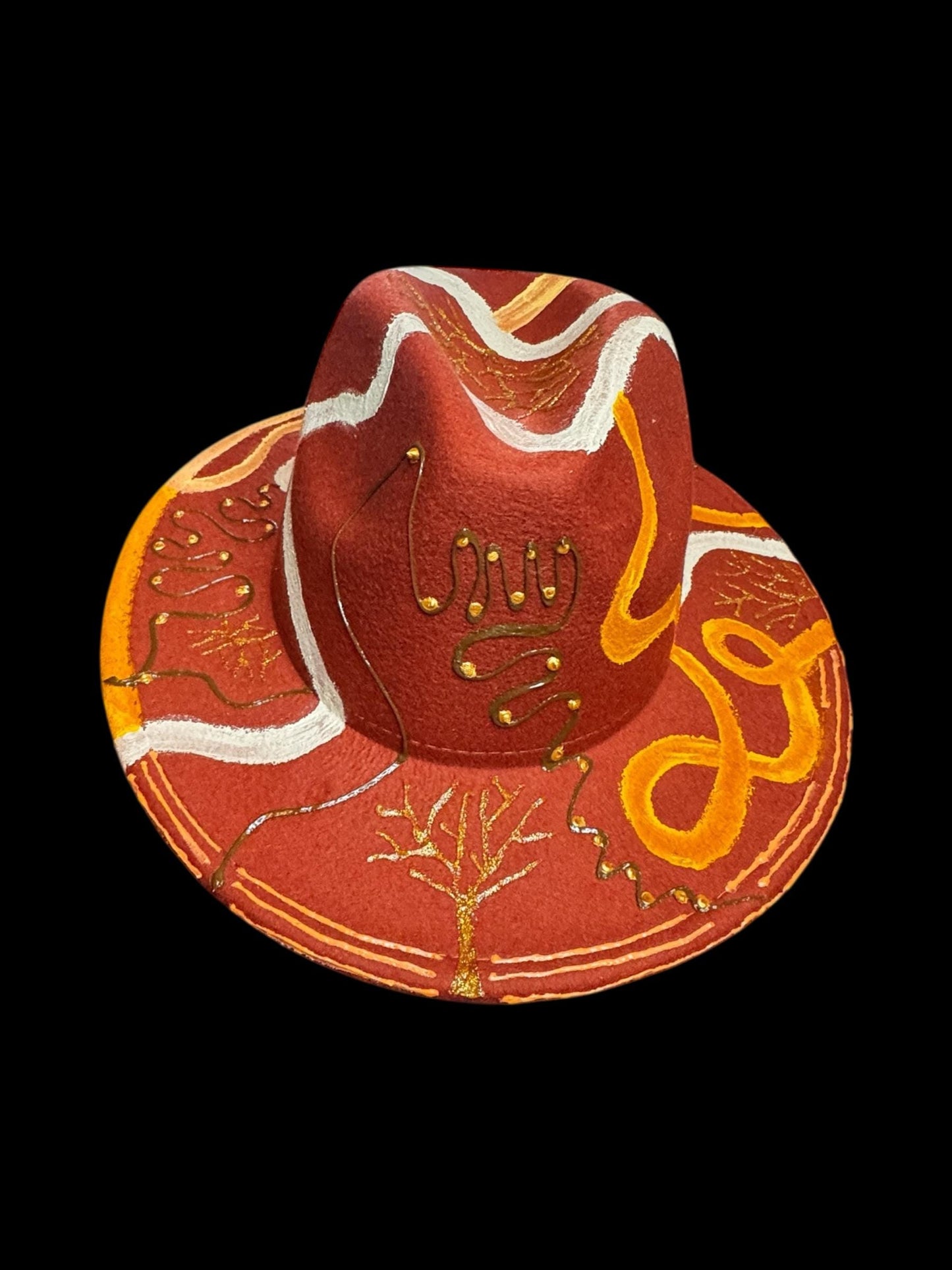 TREE OF LIFE Boho hand-painted earth-tone fedora with tree of life and gold detail, everyday artistic statement hat in red, ochre, and white
