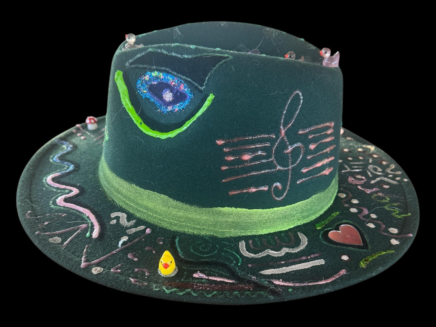 Green Festival Fedora Hat with Glow-in-the-Dark Eyes, Music Notes, and Abstract Symbols – Handmade Rave and Artistic Statement Hat