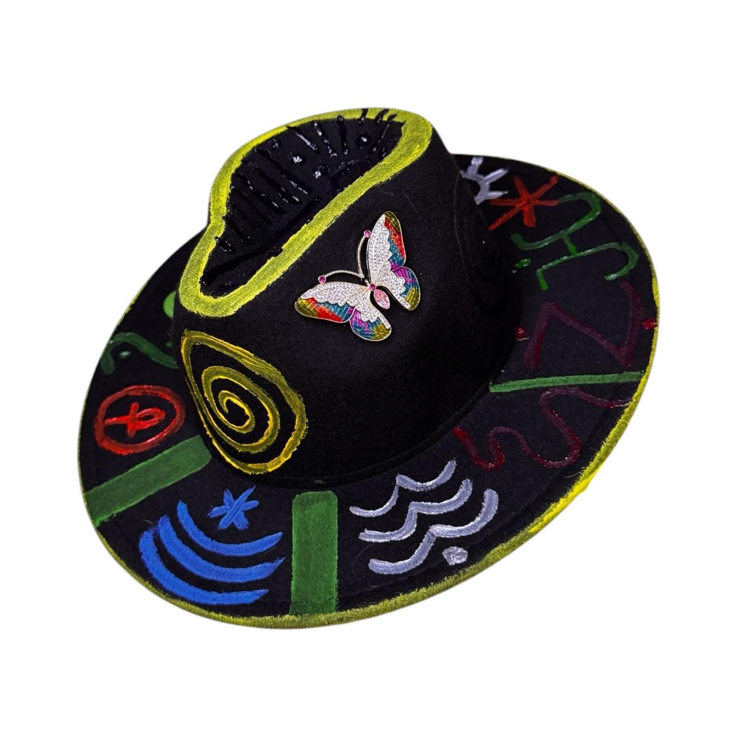 Black Symbolic Butterfly Fedora – Hand-Painted Festival Hat with Glow Detail & Spiritual Symbols – Unique Psy Wear for Burning Man
