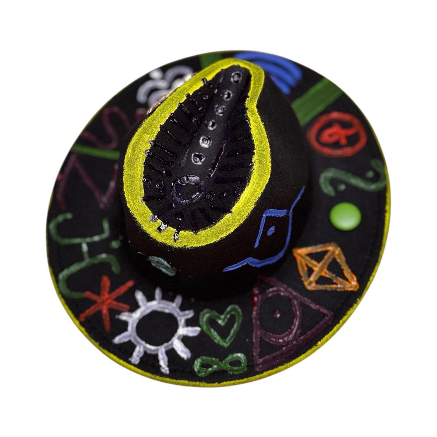 Black Symbolic Butterfly Fedora – Hand-Painted Festival Hat with Glow Detail & Spiritual Symbols – Unique Psy Wear for Burning Man