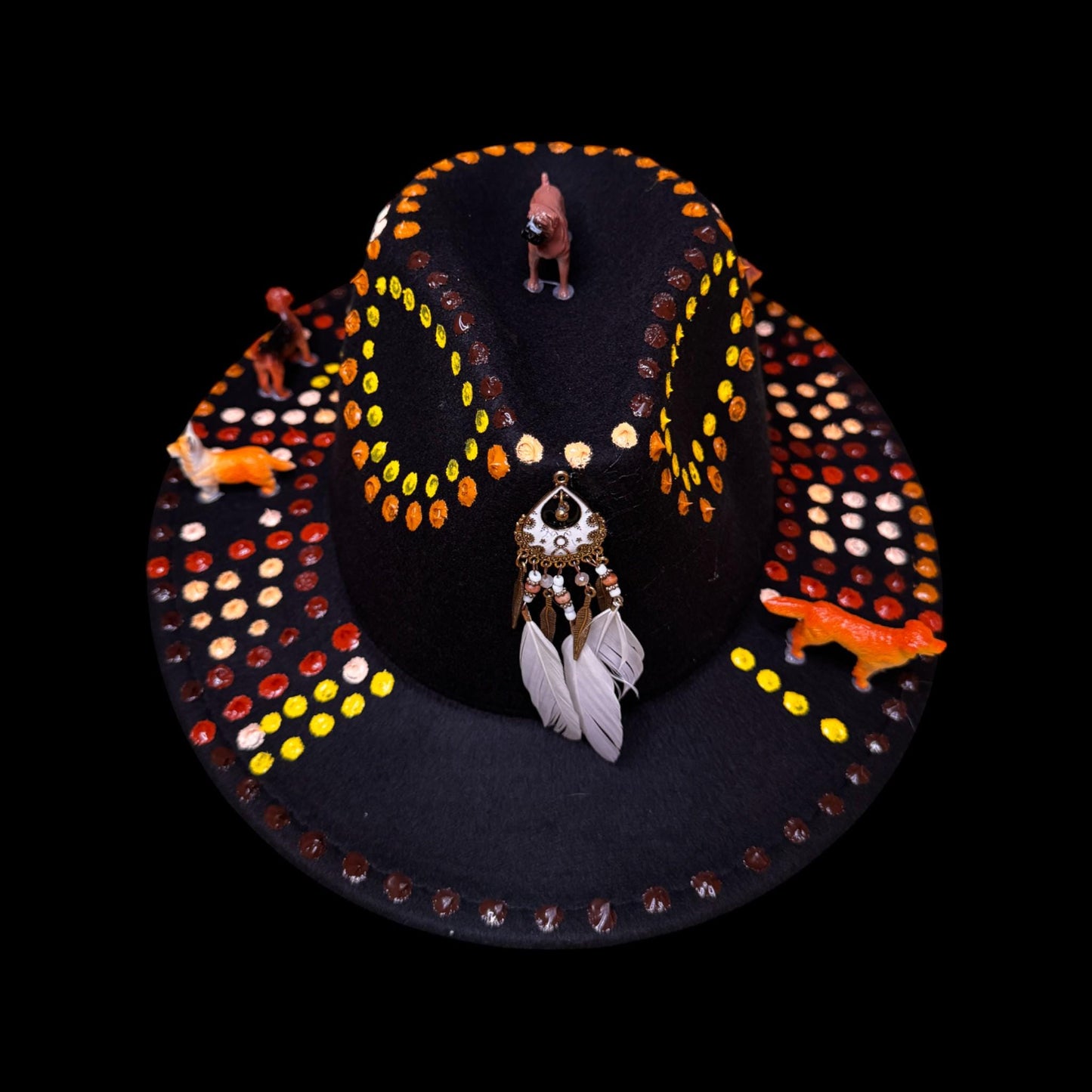 Boho Festival Hat with Dog Totems, Painted Mandala Dots & Feathers | Spirit Animal Hat for Burning Man, Coachella, Raves