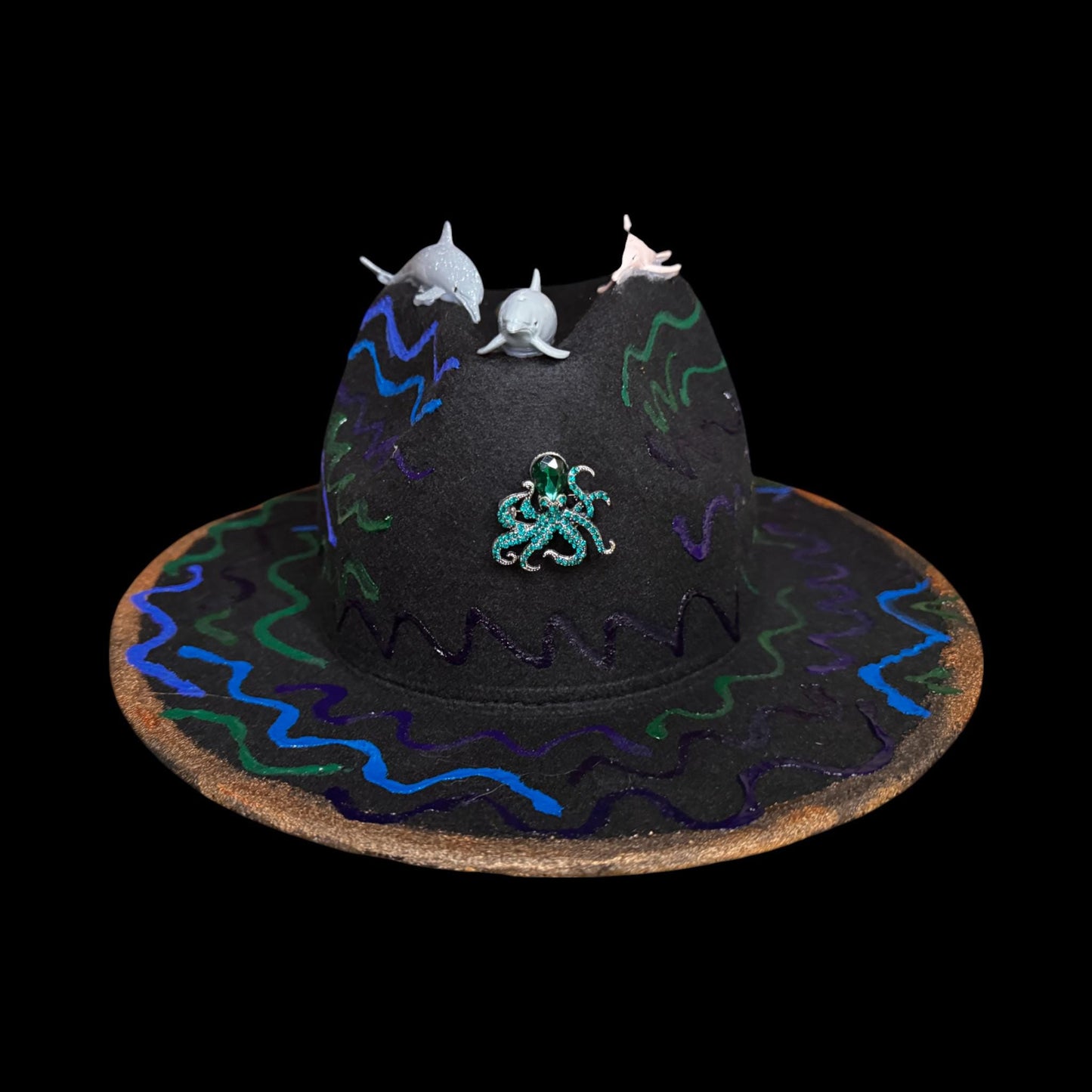 Ocean Festival Hat with Dolphin Trio, Mirror Hearts & Octopus Brooch – UV Glow Blacklight Fedora for Burning Man Psychedelic Raves Party Hat