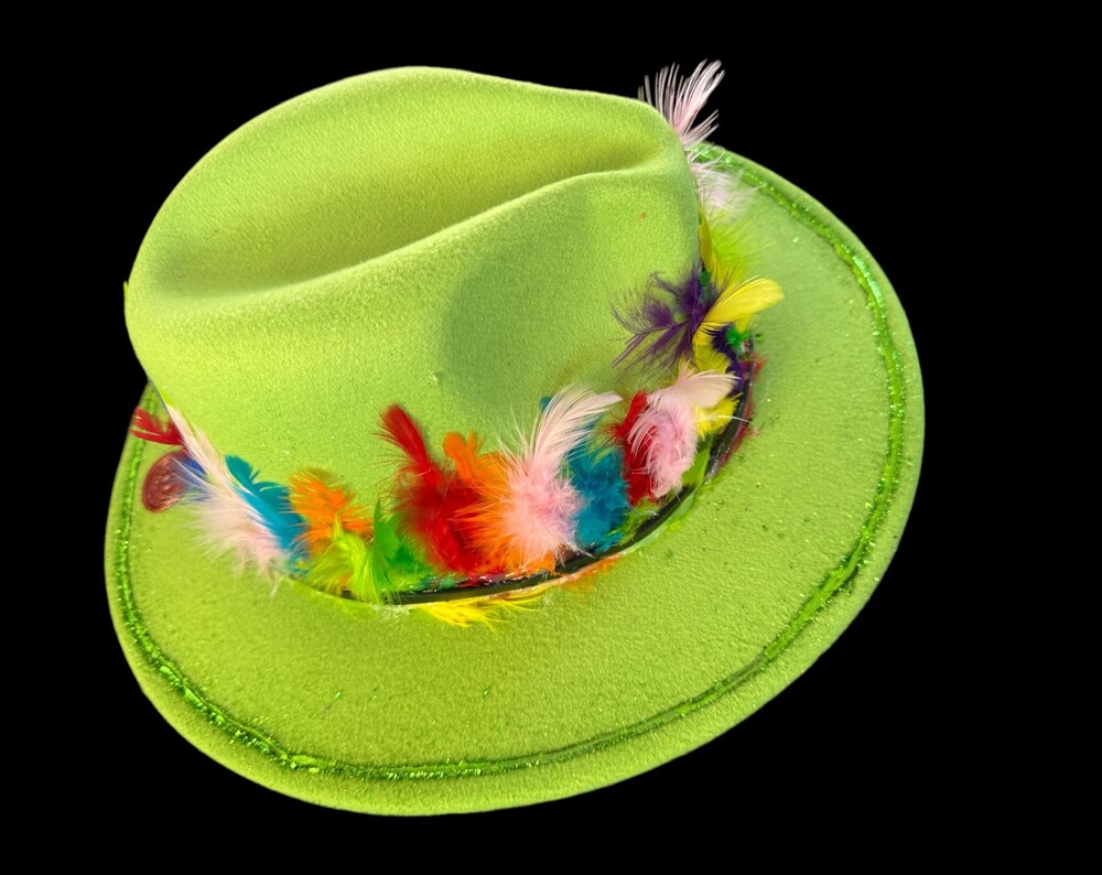 Handcrafted Lawn Green Hat with Rainbow Feathers