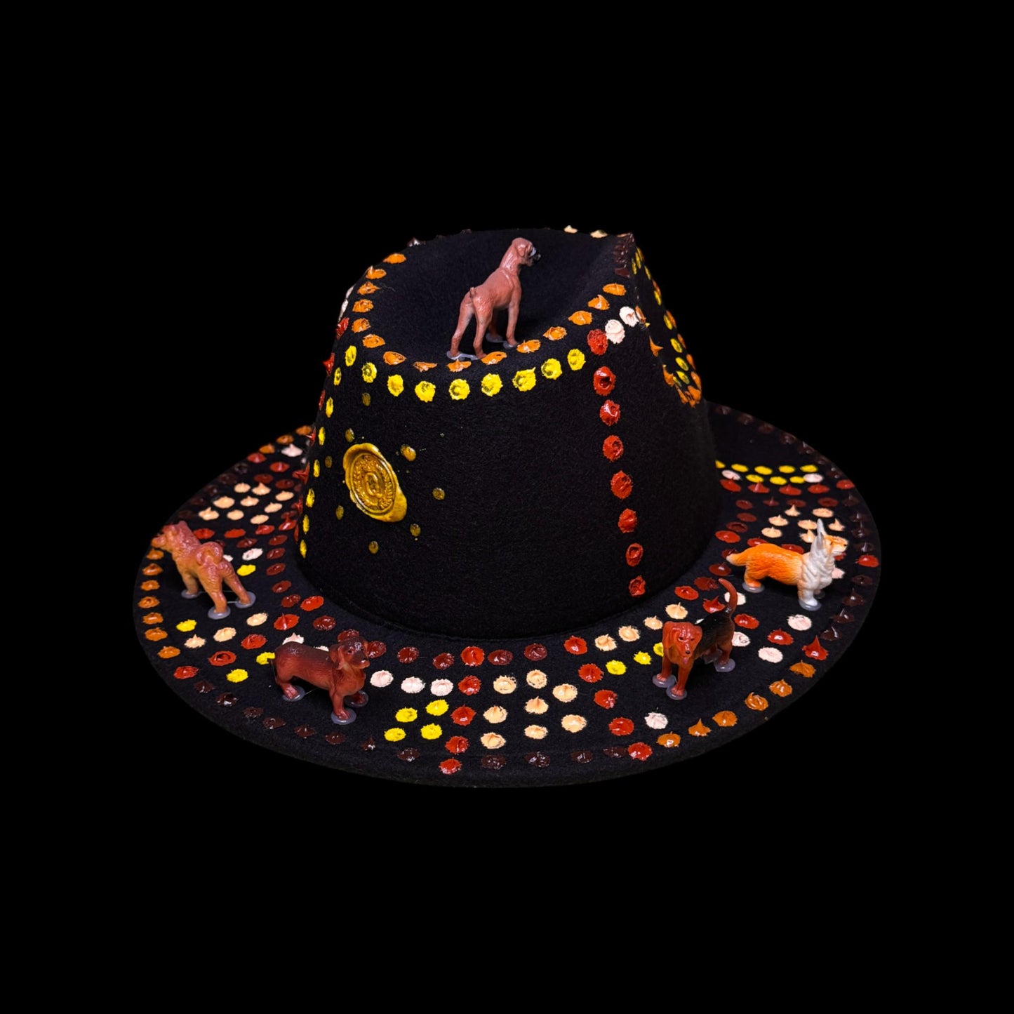 Boho Festival Hat: Painted Mandala, Dog Totems & Feathers