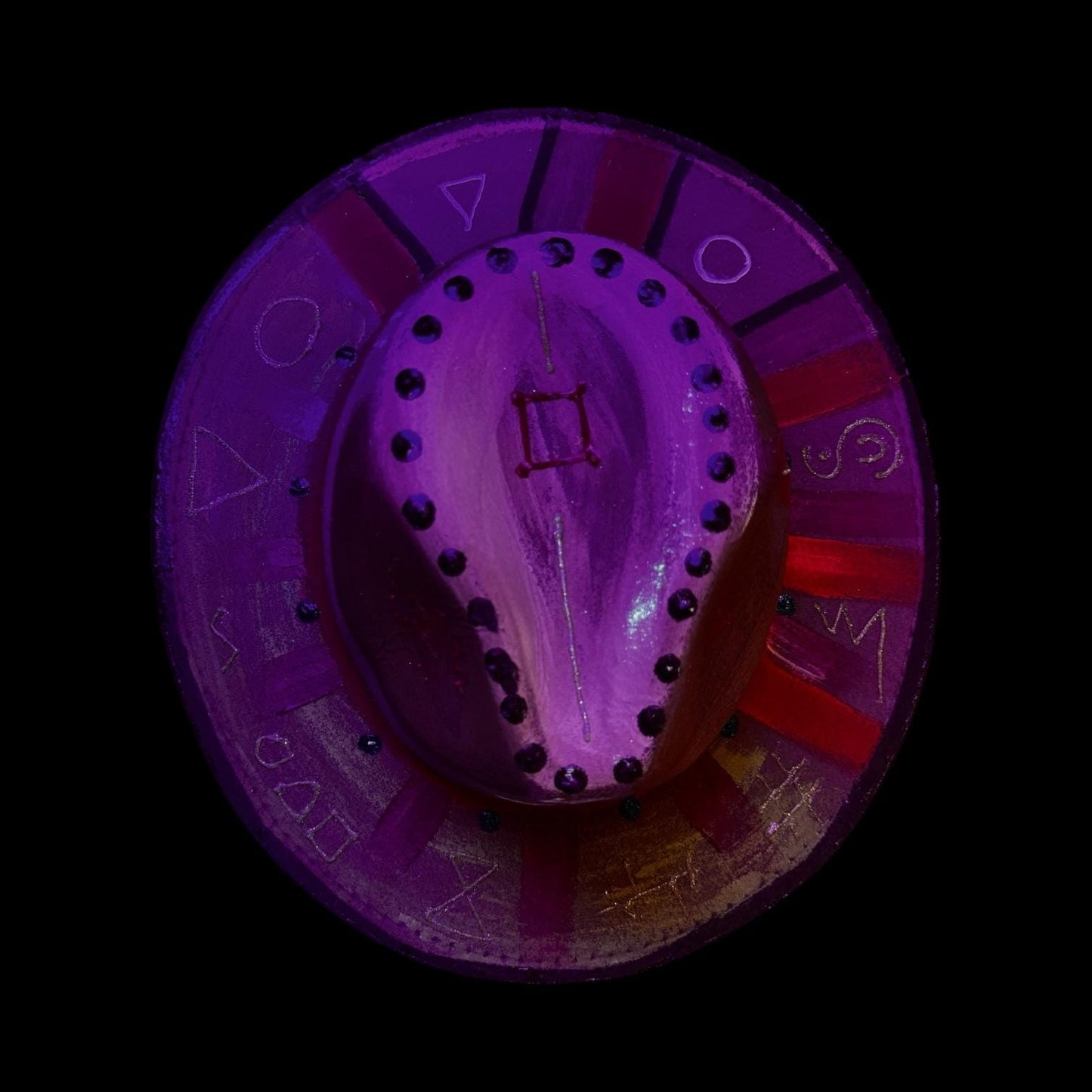 Burning Man Hat: Hand-Painted Cosmic Wheel with Sacred Symbols & UV Glow