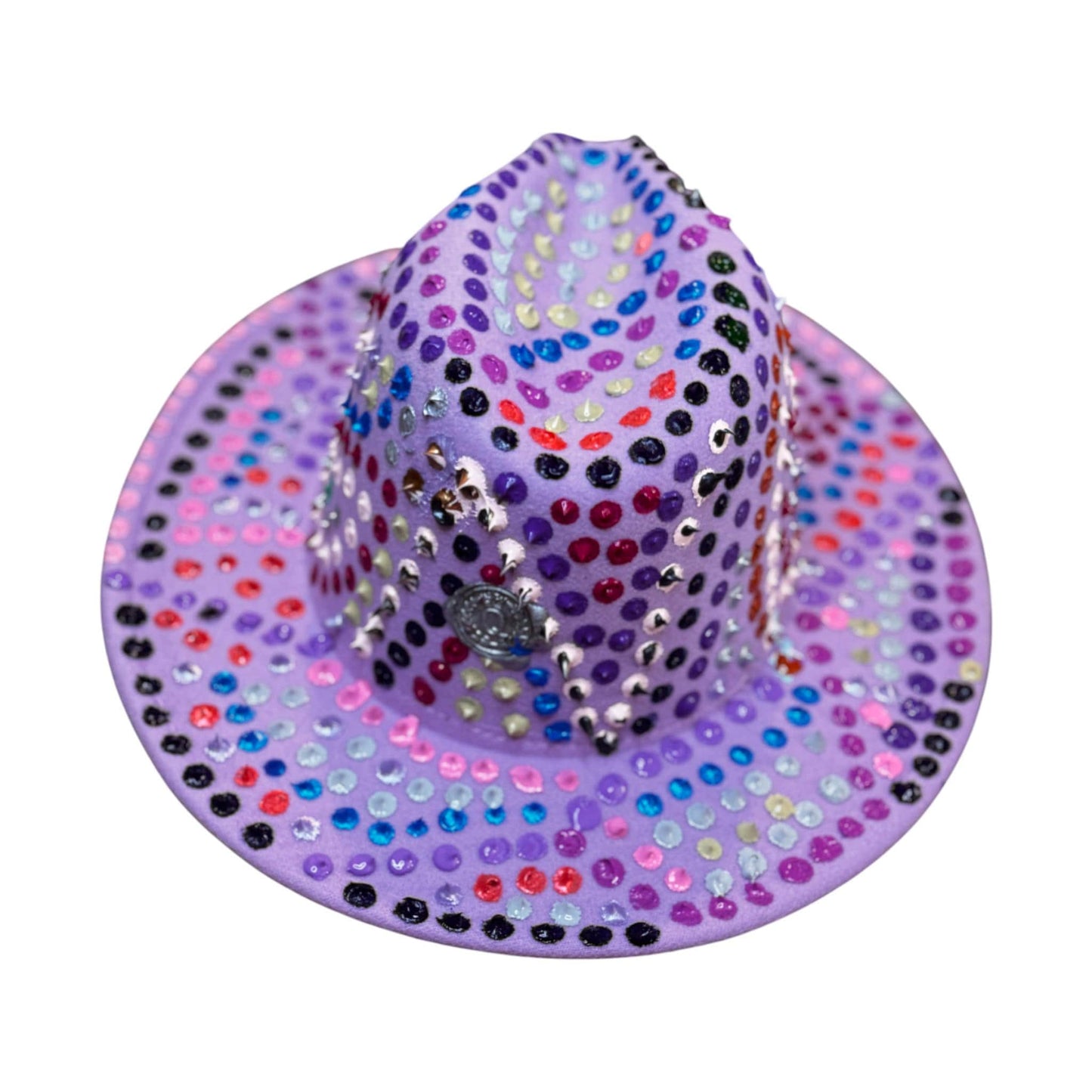 Hand-Painted Lavender Fedora: Festival Rave Hat with Spikes & Hidden Gnosis
