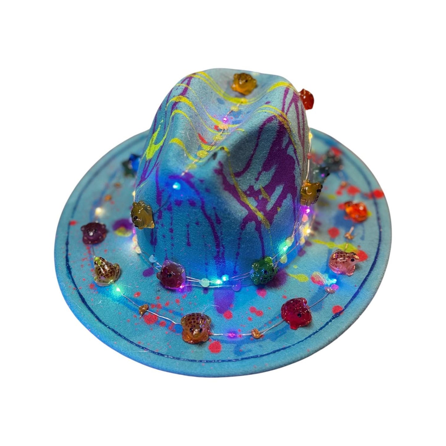LED Burning Man Hat: Neon Drip, Resin Skulls, Hand-Painted Rave Fashion