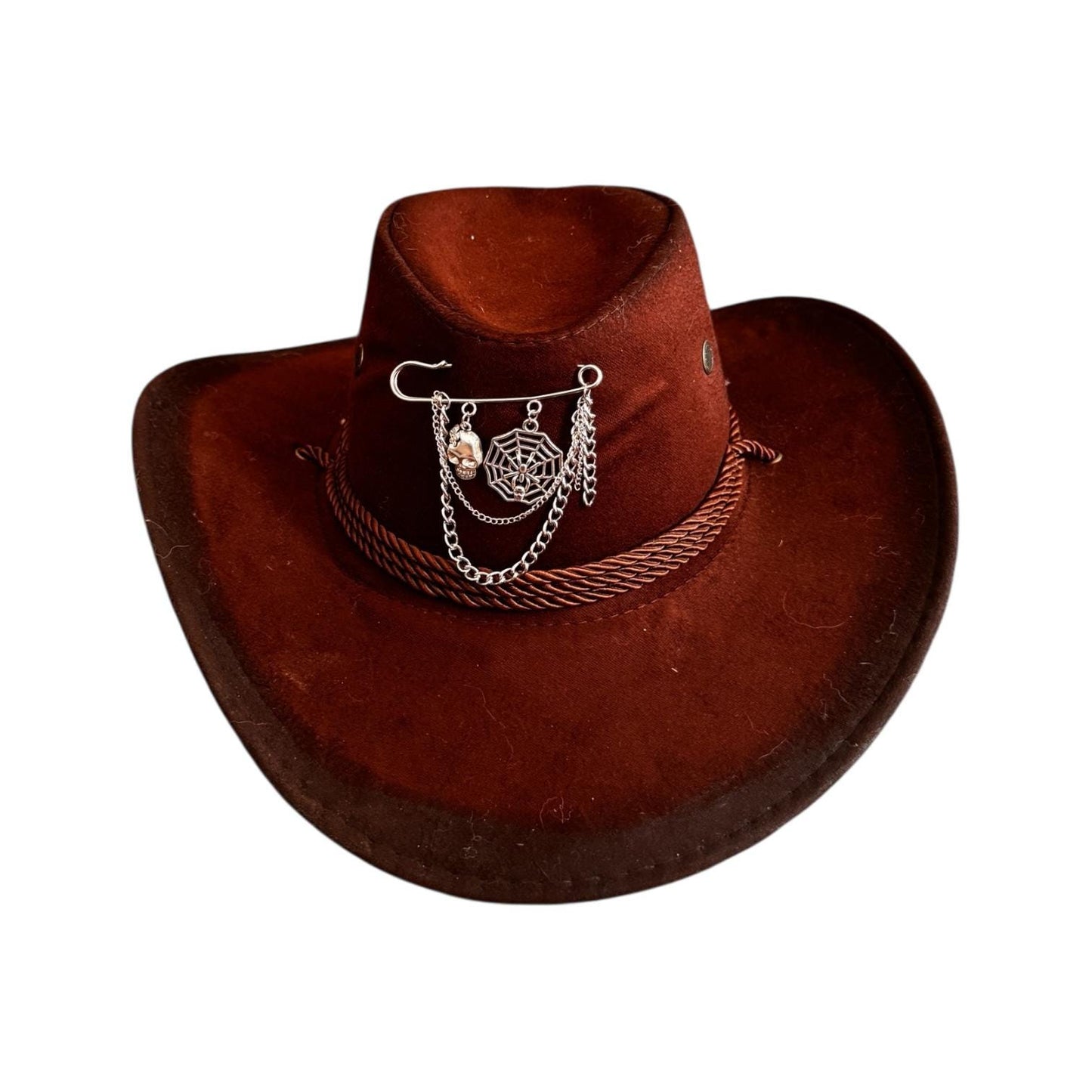 Handmade Gothic Cowboy Hat: Spiderweb Skull Charm, Festival Costume