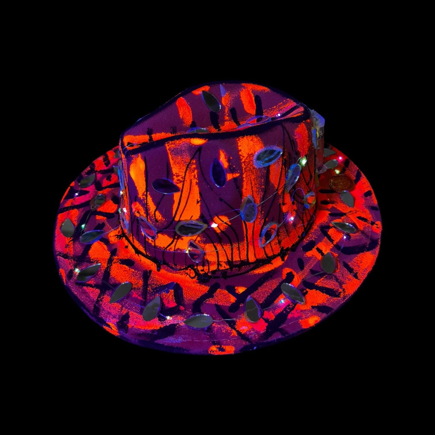 Hand-Painted Red Black Festival Hat with LED Lights and Mirror Accents – Unique Rave Burning Man Qreine Art Fedora 57