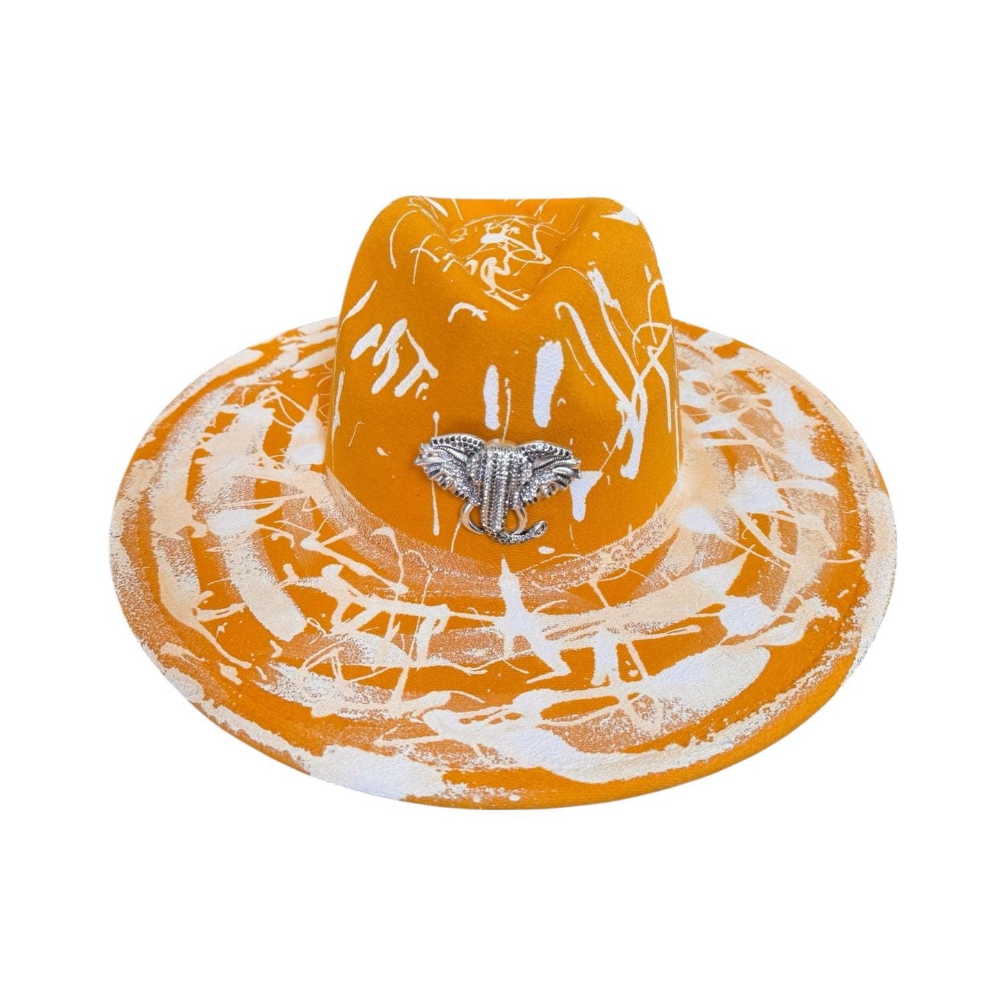 Hand-Painted Orange Splatter Hat: Festival Rave Fashion with Silver Elephant