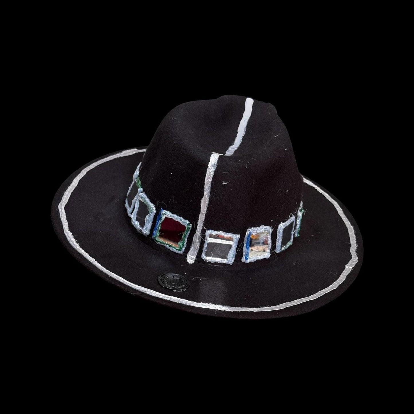 Black Wool Hat with Metallic Skeleton Hand & Geometric Accents