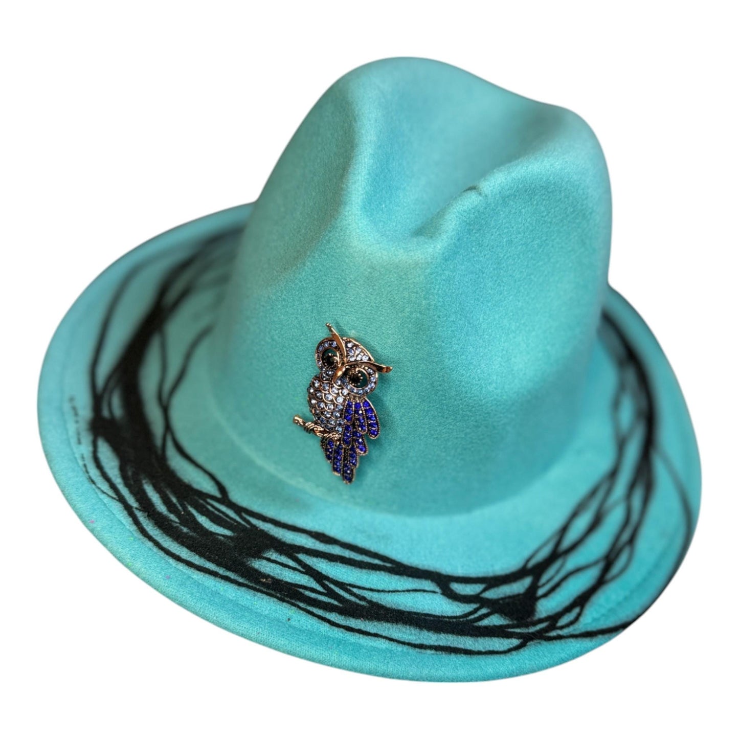 Turquoise Modifiable Size Fedora – Hand-Painted, Black Ink Art, Owl Brooch, Unique Festival Hat, Rave & Burning Man Fashion