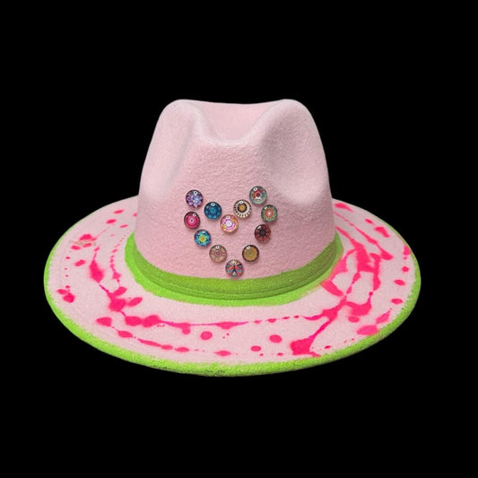 Glow-in-the-Dark Neon Handmade Heart Fedora, Festival Rave Hat, Neon Hat, UV Reactive Hat, Unique Fedora Valentine's Day, Valentine Gift