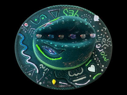 Green Festival Fedora Hat with Glow-in-the-Dark Eyes, Music Notes, and Abstract Symbols – Handmade Rave and Artistic Statement Hat