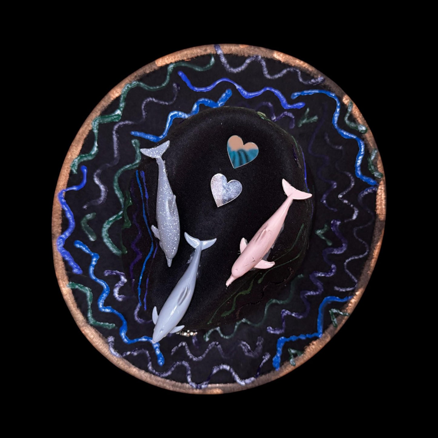 Ocean Festival Hat with Dolphin Trio, Mirror Hearts & Octopus Brooch – UV Glow Blacklight Fedora for Burning Man Psychedelic Raves Party Hat