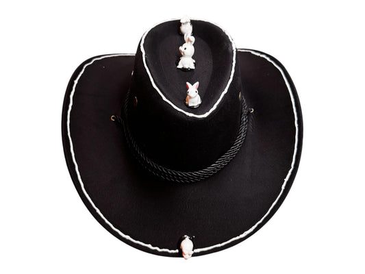 Follow the White Rabbit Festival Hat – Psychedelic Western Black Cowboy Fedora with Mini Bunnies for Burning Man & Big Stick Vibes