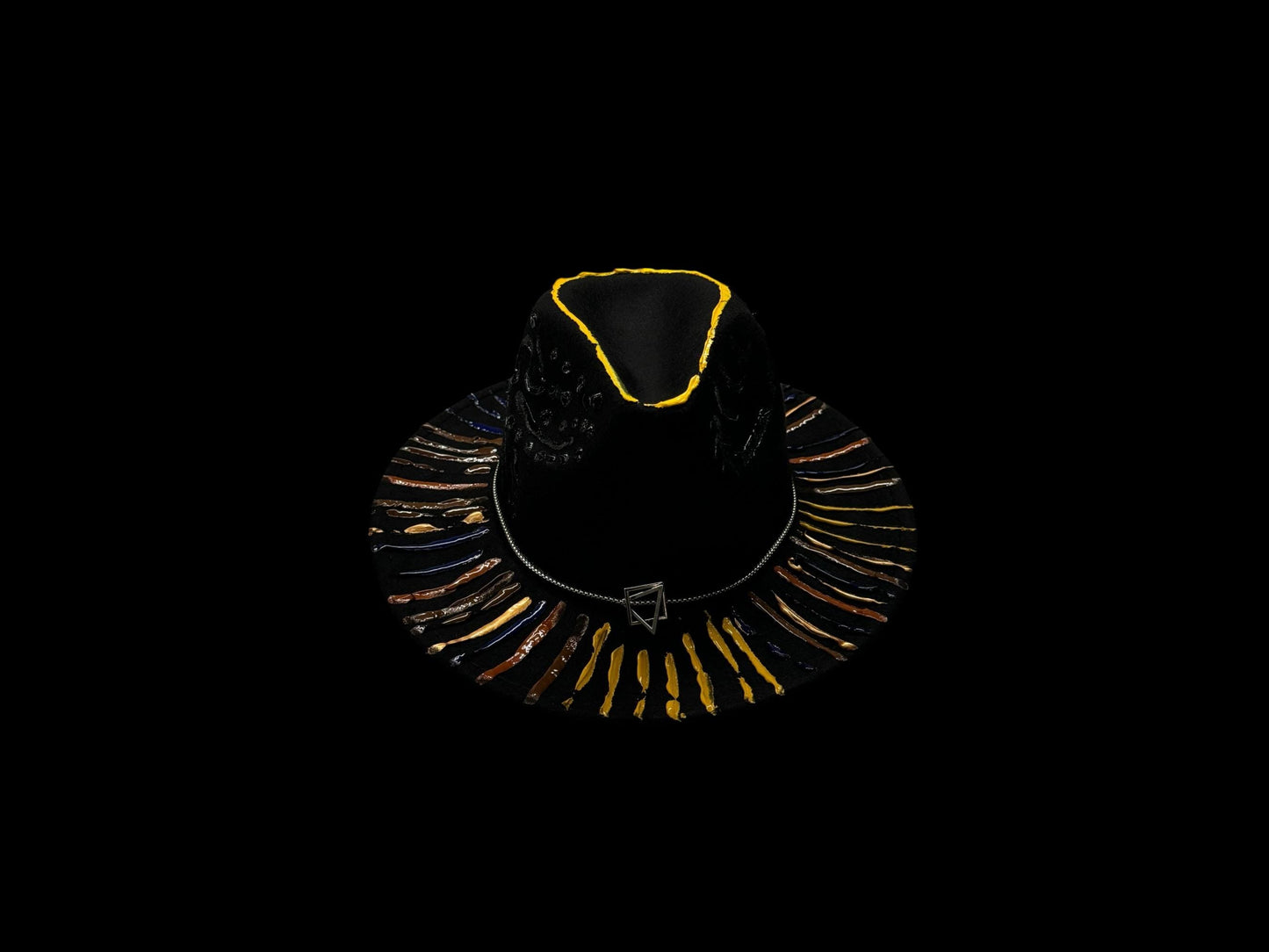 Handmade Black Festival Hat with Bold Yellow and Bronze Accents – Unisex Statement Hat for Men & Women, Perfect for Events and Raves
