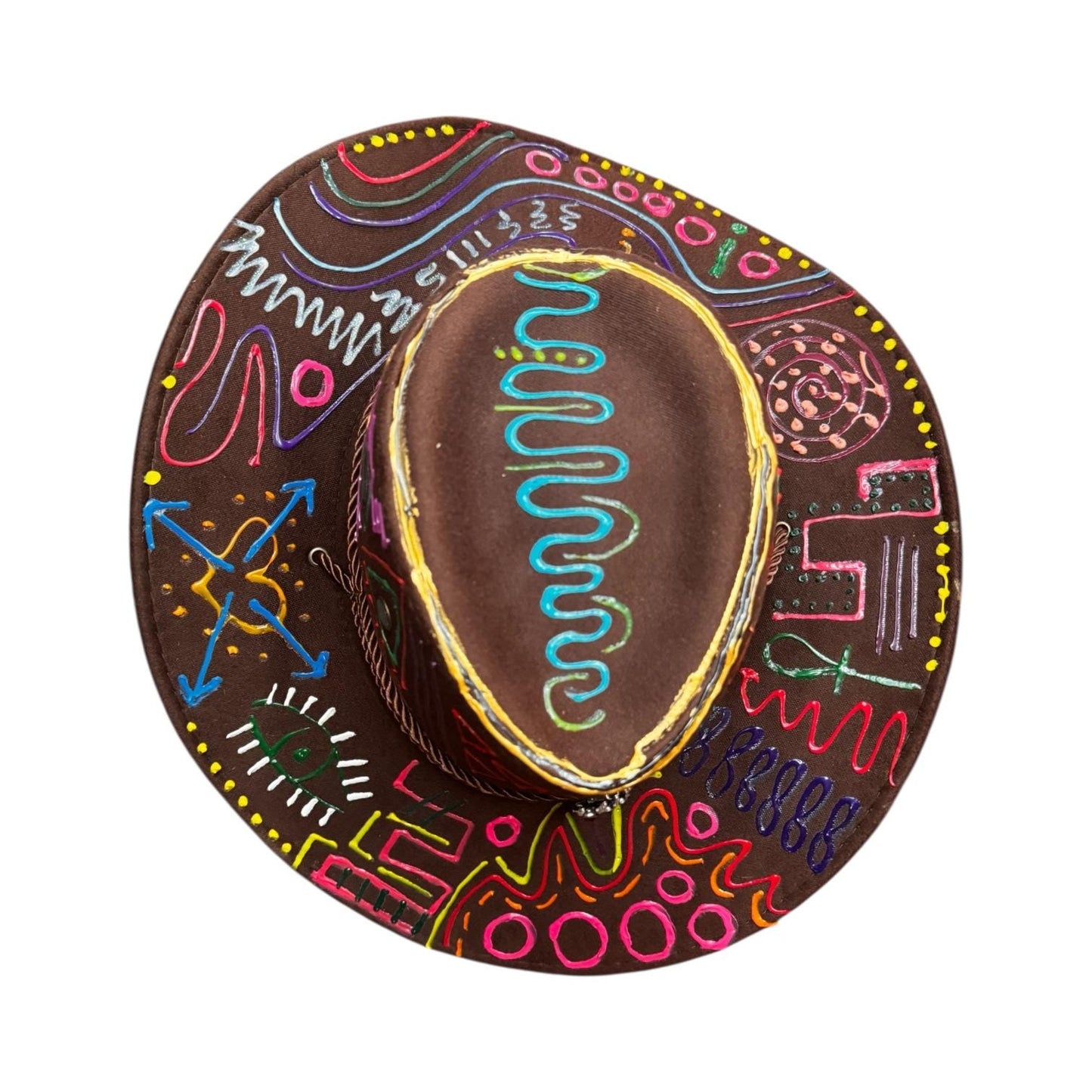 PSYCHOWBOY Brown psychedelic rave hat with neon hand-painted tribal symbols, wearable art, unique Burning Man festival fashion by Qreine