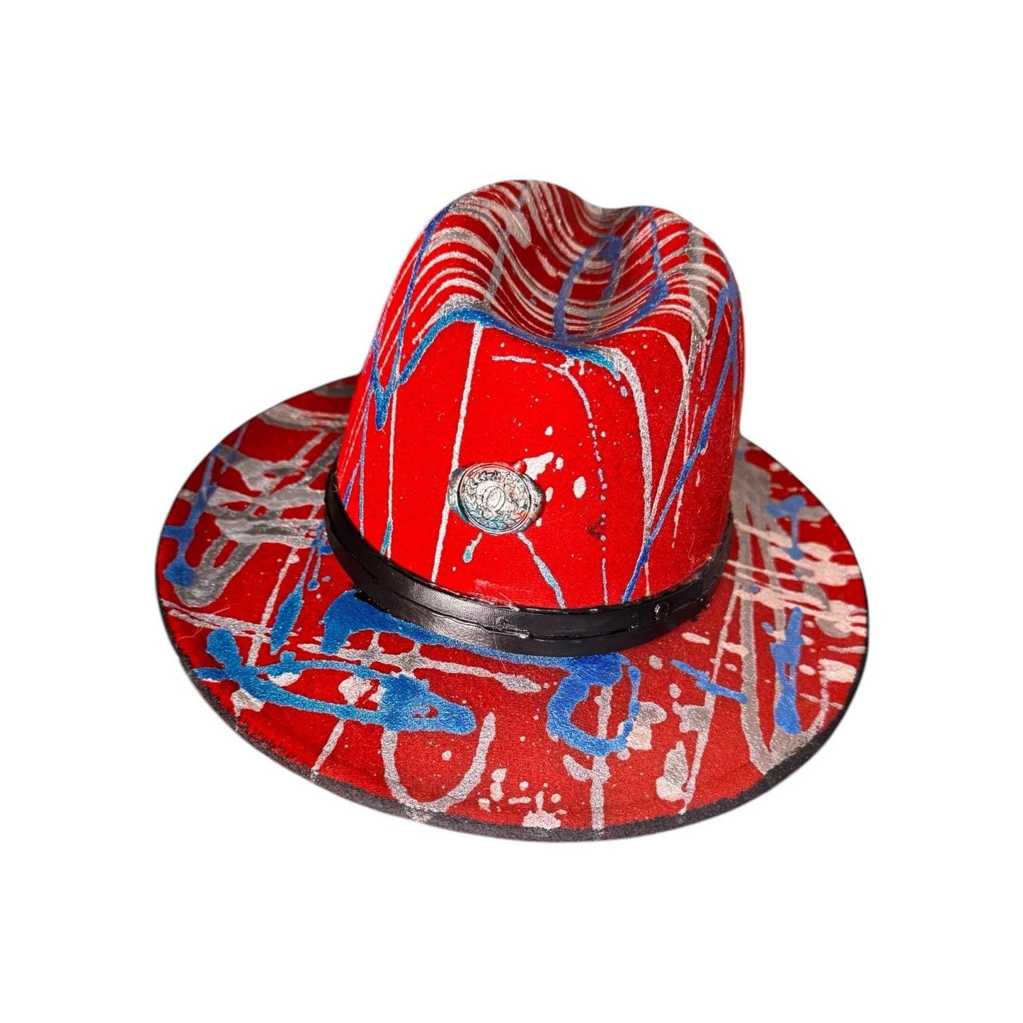 Red Psychedelic Splatter Fedora—Glow-Ready Festival Hat with Silver & Blue Paint, Coachella Burning Man Outfit, Unisex Rave Wear