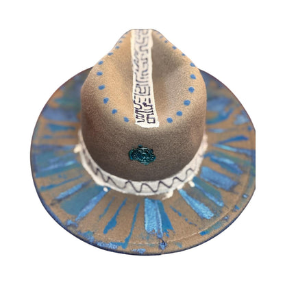 SOL RELIC – Abstract Grey and Blue Men’s Hat with Tribal-Inspired Stitching and Geometric Brim Artwork