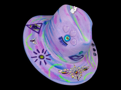 Psychedelic Glow in the Dark Neon Lavender Face Hat – Eye & Bunny Festival Fedora, UV Reactive, Handpainted by Ilgaz Kuren – Modifiable Size