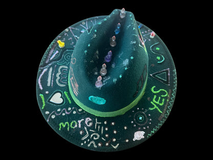 Green Festival Fedora Hat with Glow-in-the-Dark Eyes, Music Notes, and Abstract Symbols – Handmade Rave and Artistic Statement Hat
