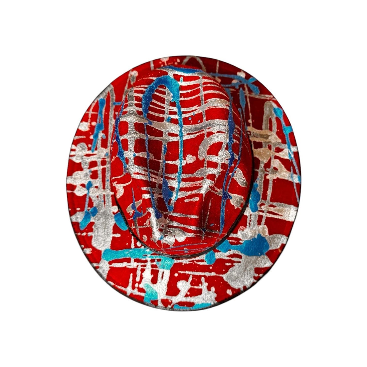 Red Psychedelic Splatter Fedora—Glow-Ready Festival Hat with Silver & Blue Paint, Coachella Burning Man Outfit, Unisex Rave Wear