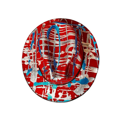 Red Psychedelic Splatter Fedora—Glow-Ready Festival Hat with Silver & Blue Paint, Coachella Burning Man Outfit, Unisex Rave Wear