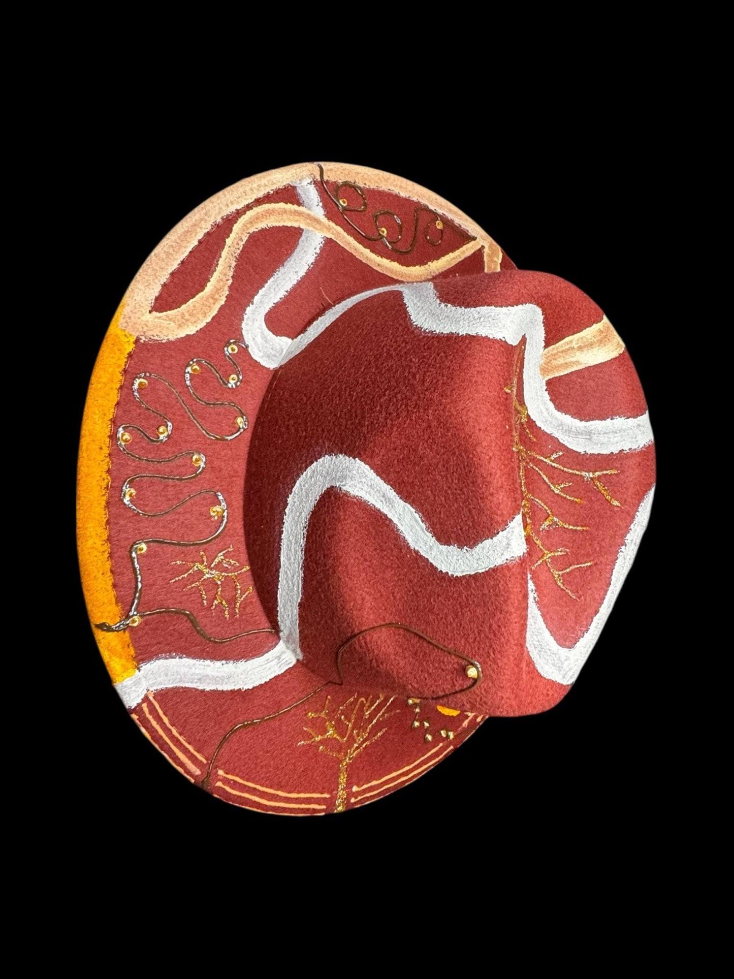 TREE OF LIFE Boho hand-painted earth-tone fedora with tree of life and gold detail, everyday artistic statement hat in red, ochre, and white