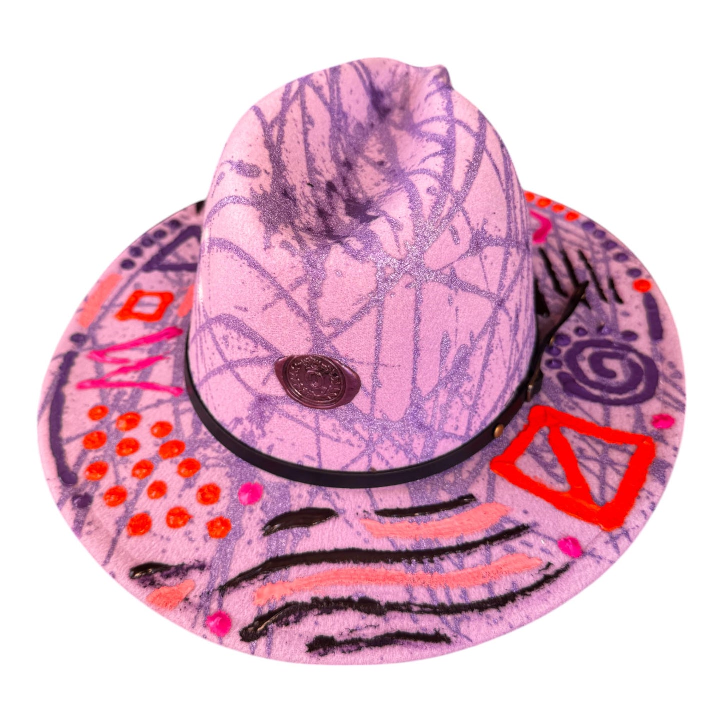 Enchanted Orbit: Handcrafted Purple Fedora with Neon Symbols