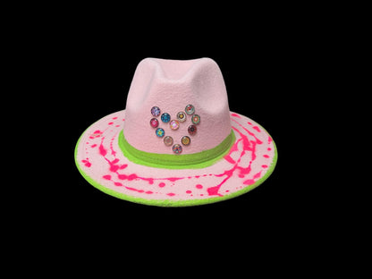 Glow-in-the-Dark Neon Handmade Heart Fedora, Festival Rave Hat, Neon Hat, UV Reactive Hat, Unique Fedora Valentine's Day, Valentine Gift
