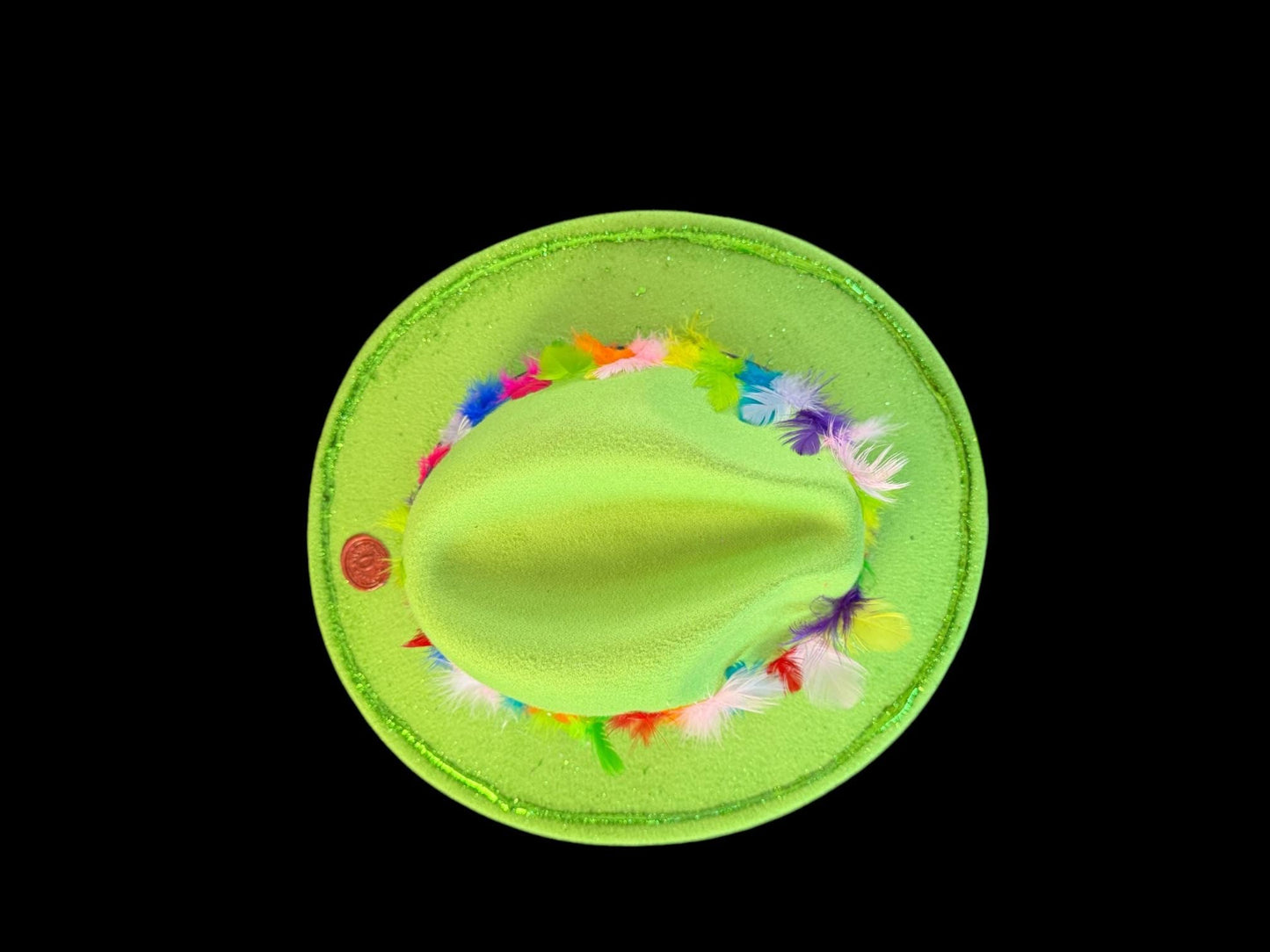 Handcrafted Lawn Green Hat with Rainbow Feathers and Festival, Rave, Halloween Party Hat, Colorful Fedora for Burning Man or Pride Events