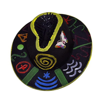 Black Symbolic Butterfly Fedora – Hand-Painted Festival Hat with Glow Detail & Spiritual Symbols – Unique Psy Wear for Burning Man