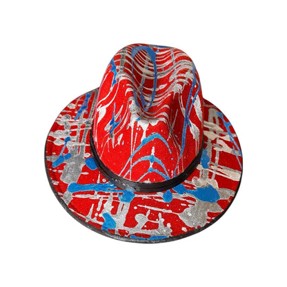 Red Psychedelic Splatter Fedora—Glow-Ready Festival Hat with Silver & Blue Paint, Coachella Burning Man Outfit, Unisex Rave Wear
