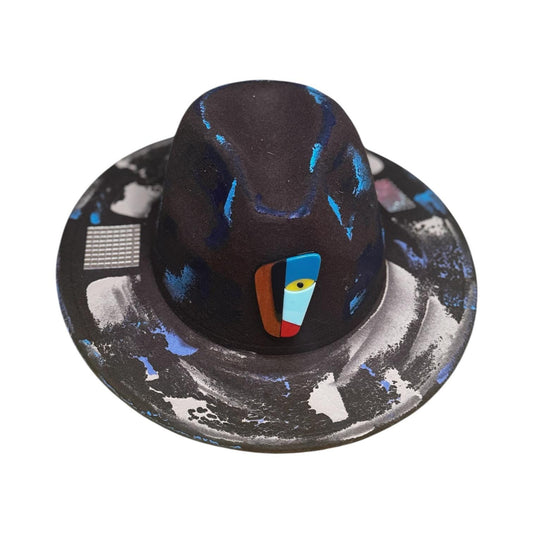 Blacklight Fedora Hat with UV Blue Splashes, Abstract Pattern, Face Pin Detail, Burning Man Festival Wear, Unisex Statement Hat