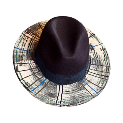 OCEAN CIRCUIT hand-painted dark blue men’s hat with white textured brim, linear brushstrokes, and abstract color artistic geometric style 57