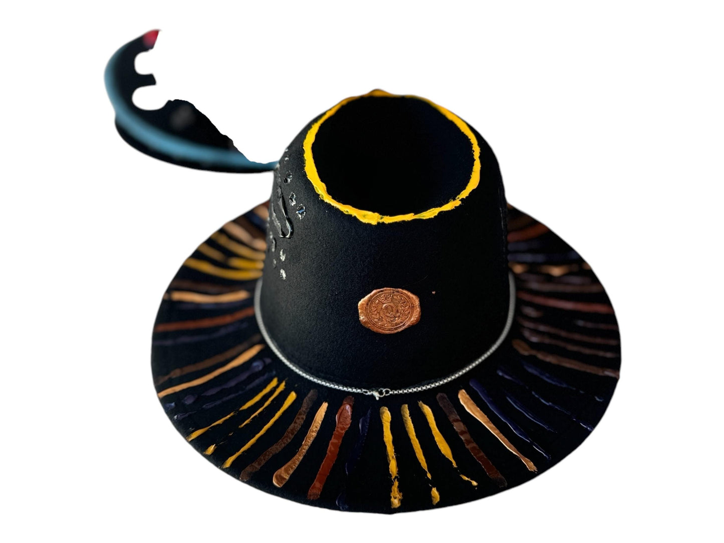Handmade Black Festival Hat with Bold Yellow and Bronze Accents – Unisex Statement Hat for Men & Women, Perfect for Events and Raves